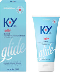 K-Y Jelly classic water based tube and box in blue packaging featuring K-Y personal lubricant for men and women