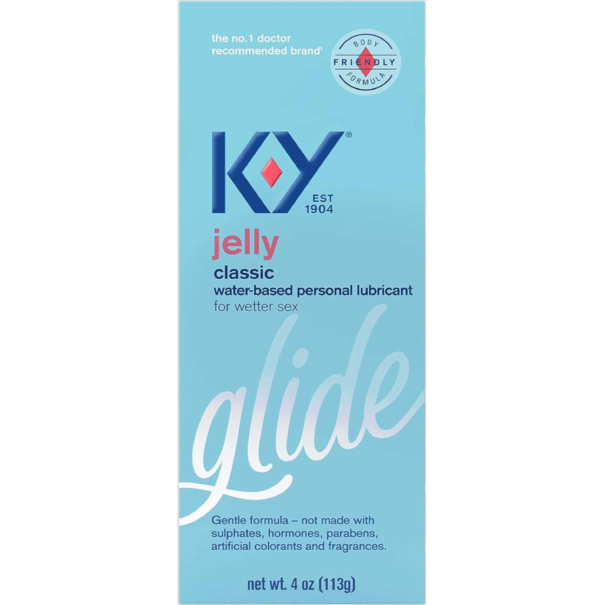 K-Y personal lubricant for men and women. K-Y Jelly classic water-based 4 oz blue retail box packaging