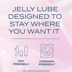 K-Y personal lubricant for men and women. Graphic states jelly lube stays in place with toy and condom friendly icons
