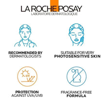 La Roche-Posay sunscreen info card with dermatologists and fragrance-free icons.