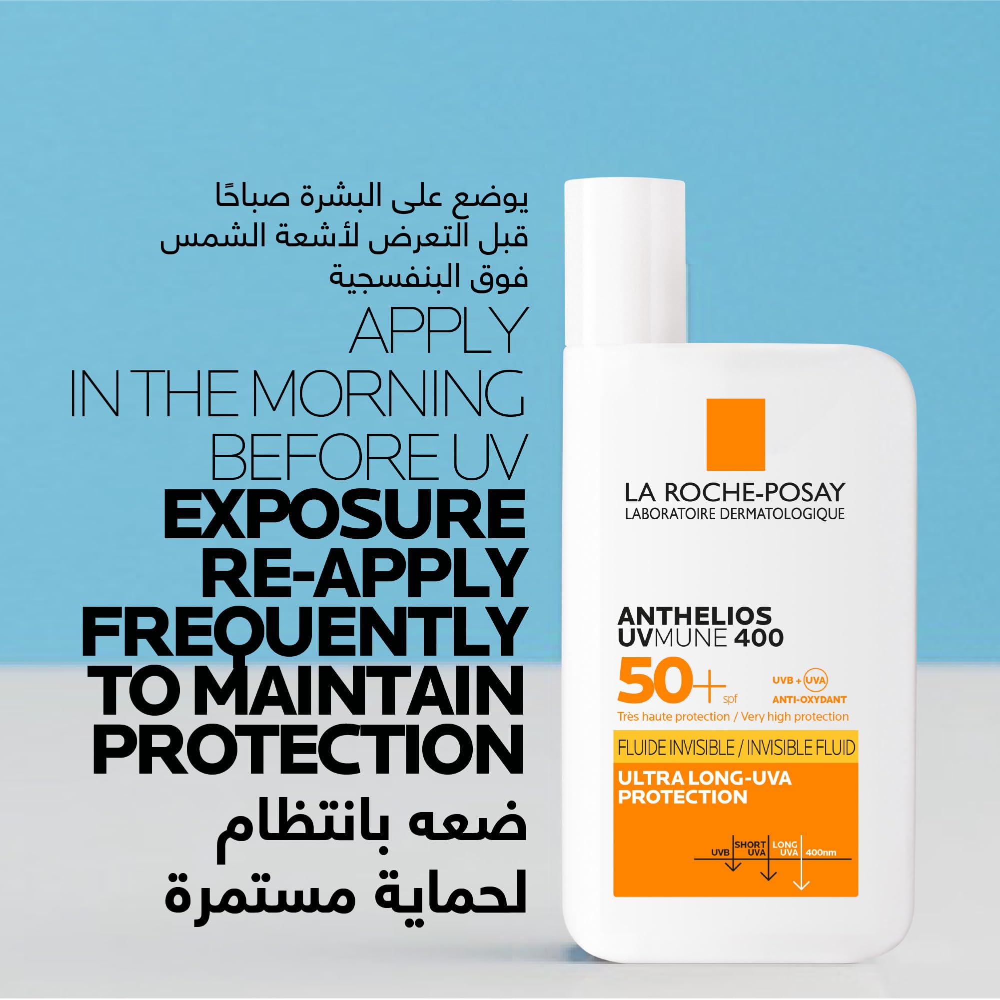 La Roche-Posay Anthelios UVMune 400 sunscreen SPF 50+ in a white bottle with application instructions