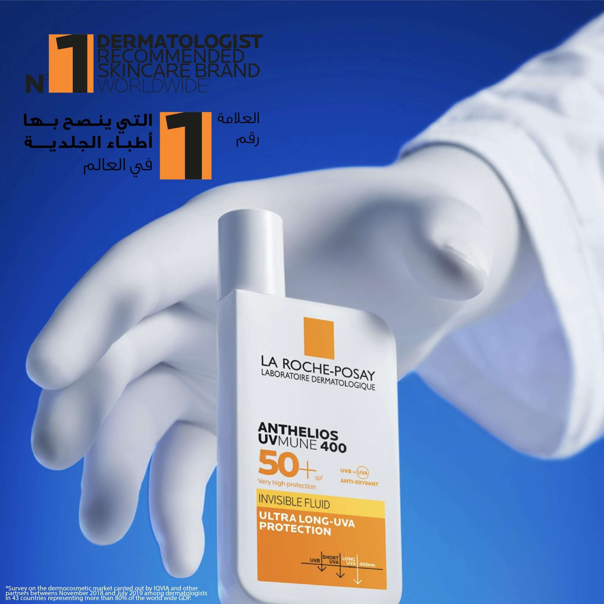La Roche-Posay Anthelios UVMune 400 sunscreen SPF 50+ in a hand with light background for sun protection