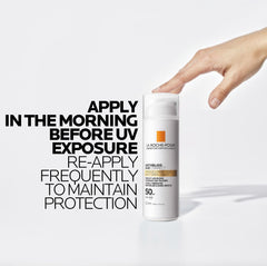 La Roche-Posay anti-aging sunscreen SPF 50 in a bottle with application instructions for effective sun protection