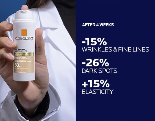 La Roche-Posay anti-aging sunscreen SPF 50 shown in hand with results after four weeks on wrinkles and elasticity