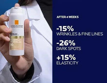 Sunscreen bottle held in hand with white cap and orange label, beside results graphic