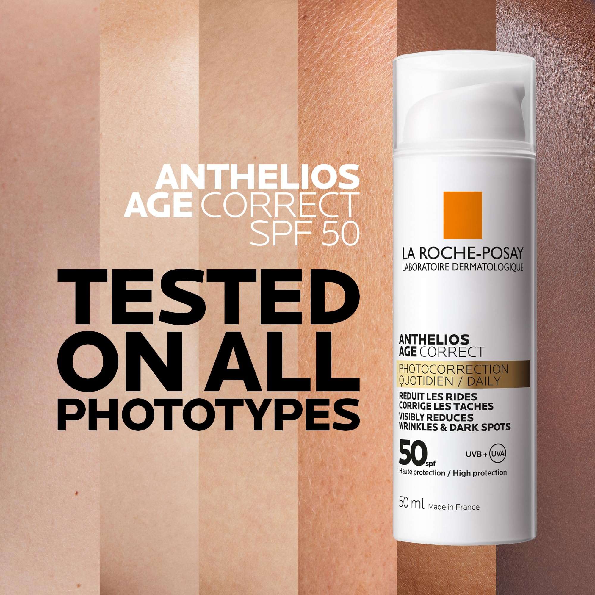 La Roche-Posay anti-aging sunscreen SPF 50 in a white bottle, designed to reduce wrinkles and dark spots