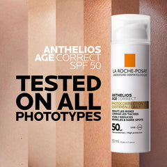 La Roche-Posay anti-aging sunscreen SPF 50 in a white bottle, designed to reduce wrinkles and dark spots