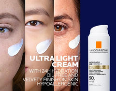 La Roche-Posay anti-aging sunscreen SPF 50 on model skin for 24H hydration and smooth finish