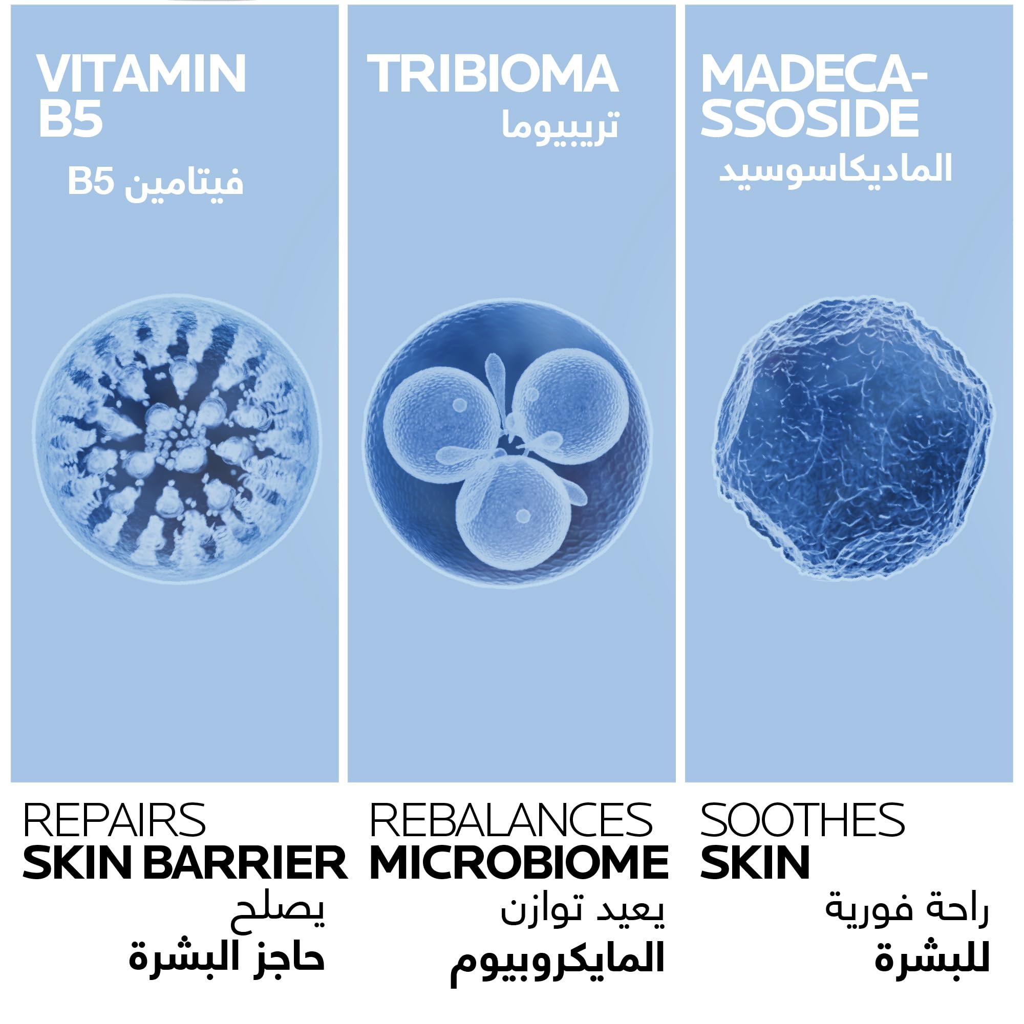 La Roche Posay Cicaplast Baume B5 UAE highlights key ingredients like Vitamin B5, Triboima, and Madecassoside for skin care.