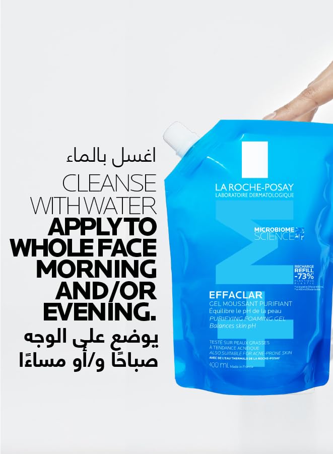 La Roche-Posay Effaclar cleanser for oily skin packaged in a blue bottle with instructions for use