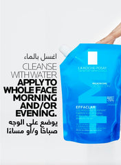 La Roche-Posay Effaclar cleanser for oily skin packaged in a blue bottle with instructions for use