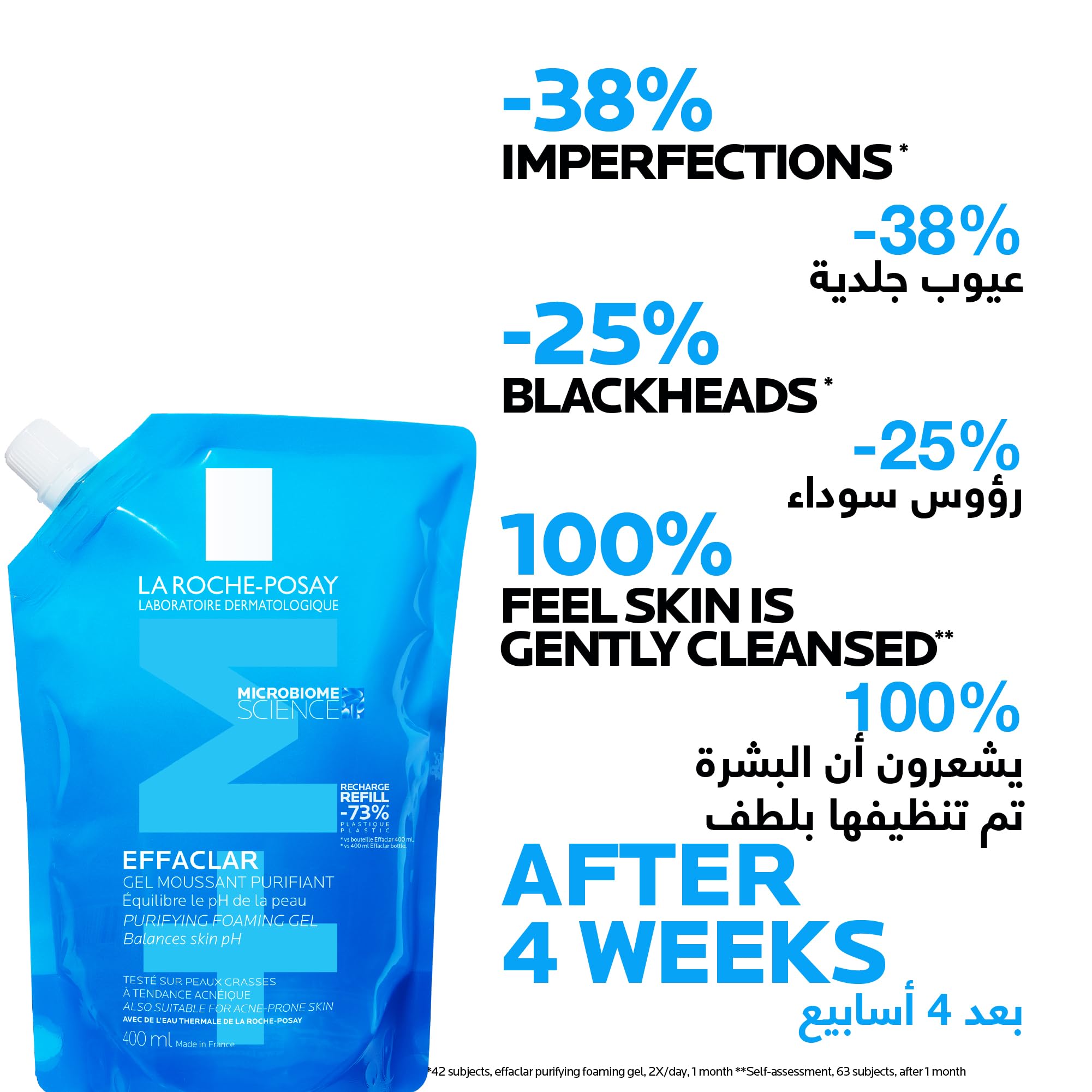 La Roche-Posay Effaclar cleanser for oily skin shown in a large refill pouch with skincare benefits