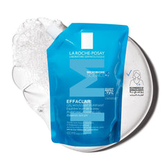 La Roche-Posay Effaclar cleanser for oily skin in a blue pouch with cleansing foam