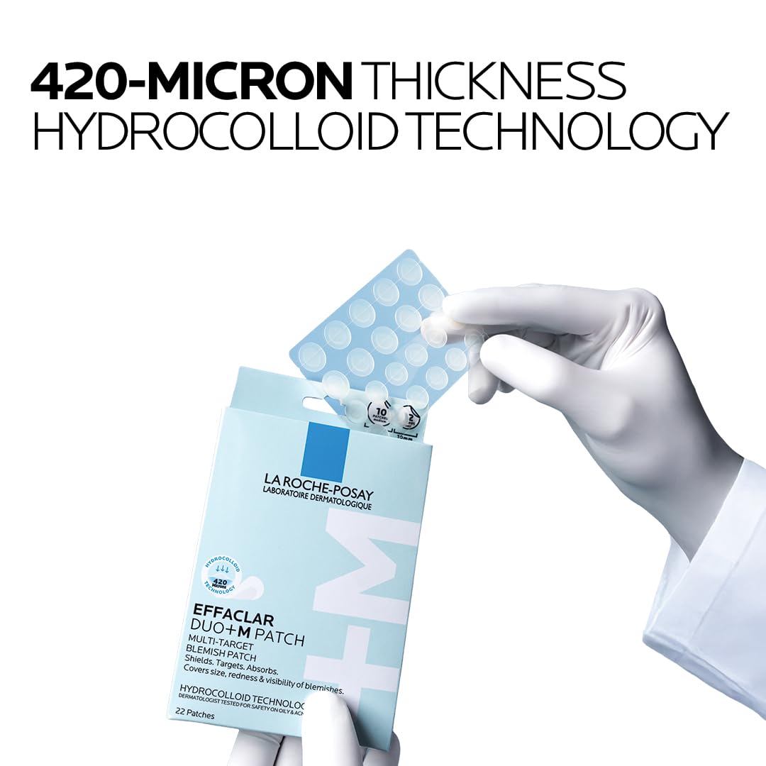 La Roche-Posay Effaclar Duo acne patches displayed with product packaging and 420-micron thickness technology