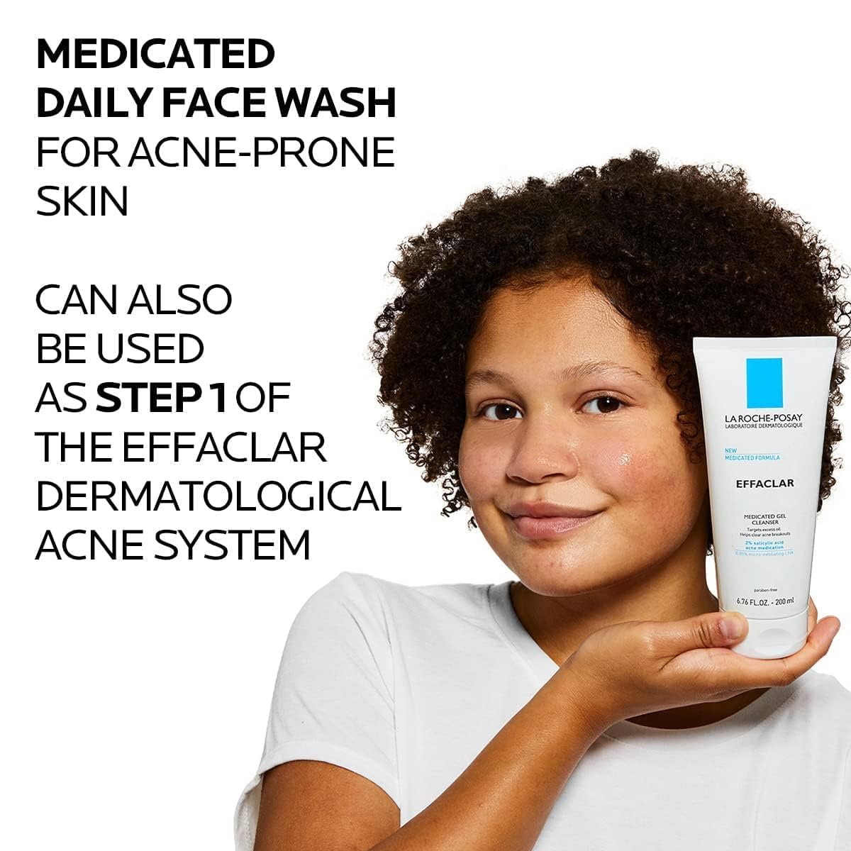 Woman holding La Roche-Posay Effaclar face wash suitable for acne-prone skin and daily use