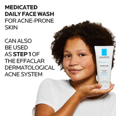 Woman holding La Roche-Posay Effaclar face wash suitable for acne-prone skin and daily use