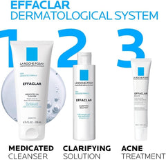 La Roche-Posay Effaclar face wash medicated cleanser alongside clarifying solution and acne treatment tubes