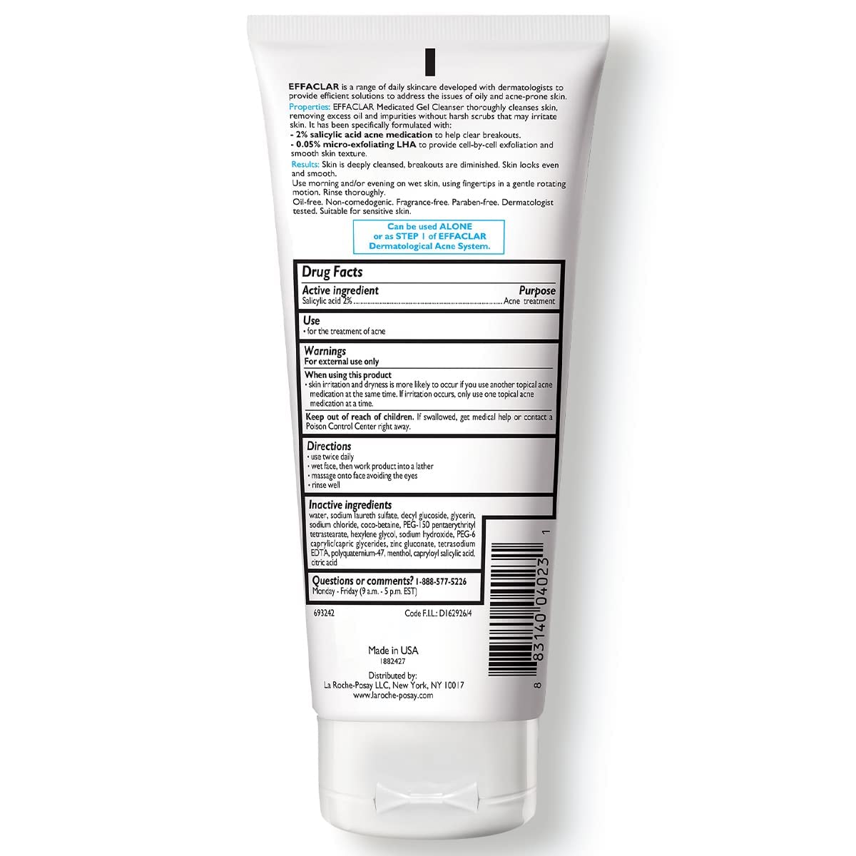 Back view of La Roche-Posay Effaclar face wash tube showing ingredient and usage information