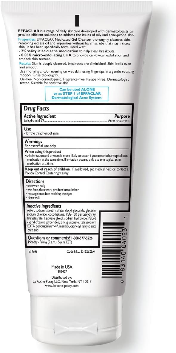 Back view of La Roche-Posay Effaclar face wash tube showing usage instructions and drug facts label