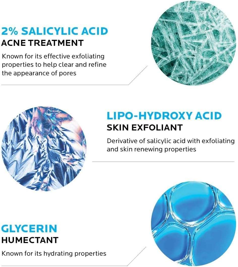 Close-up of ingredients in La Roche-Posay Effaclar face wash showing salicylic acid exfoliant and hydrating glycerin