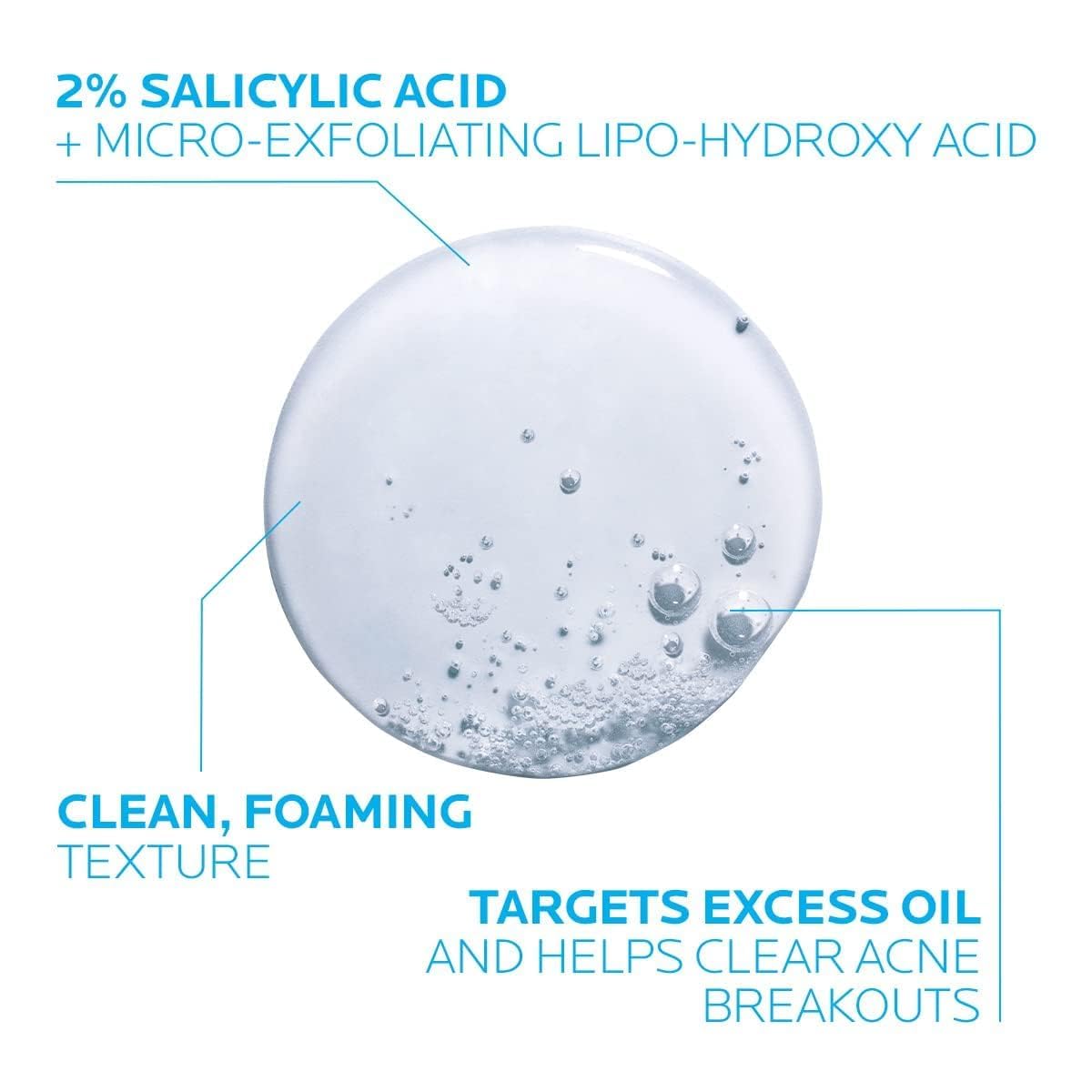 Close-up of clear foaming texture with salicylic acid from La Roche-Posay Effaclar face wash targeting excess oil