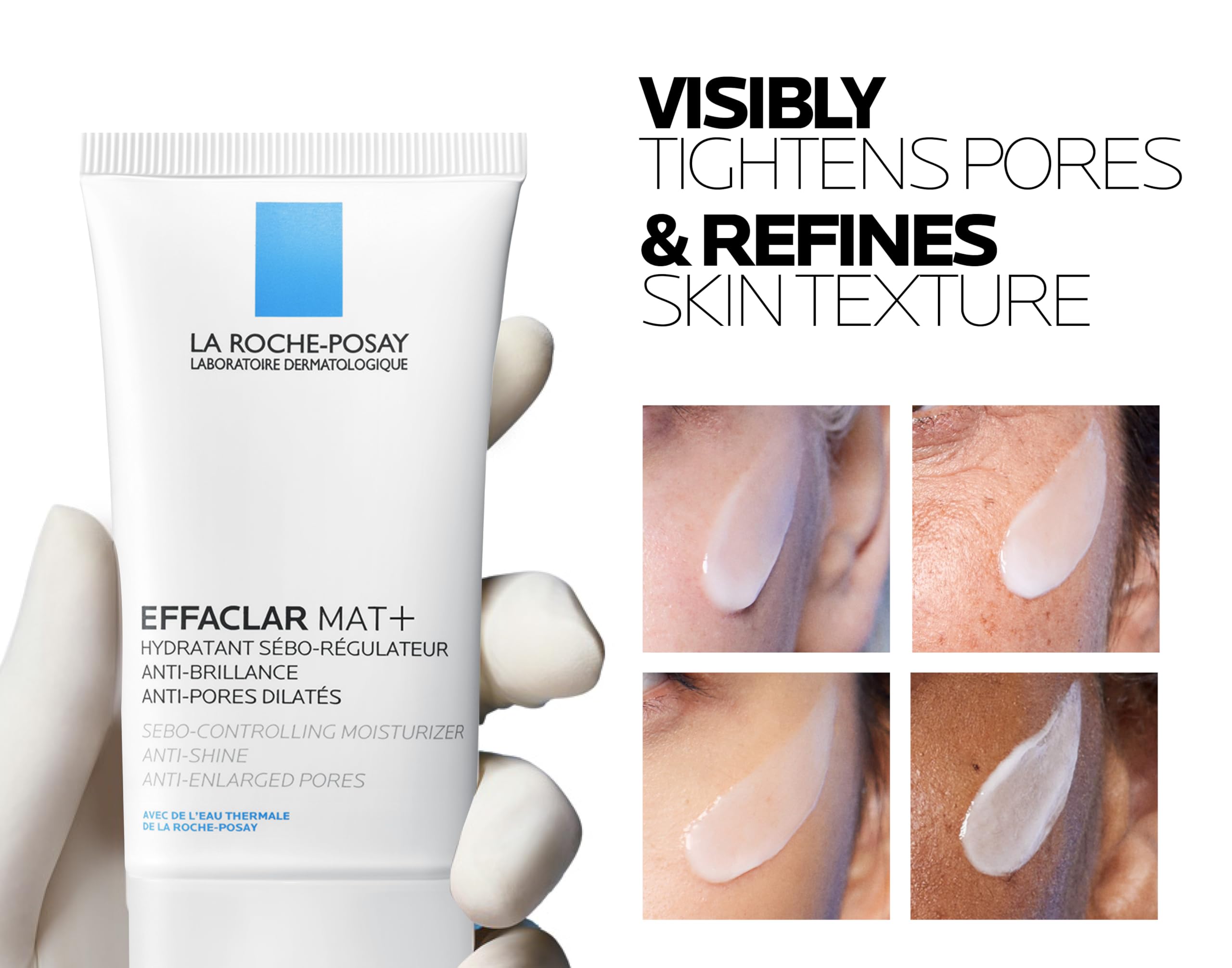 La Roche-Posay Effaclar Matte Moisturizer in tube with results showing visibly tightened pores and refined skin texture