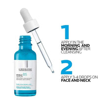 La Roche-Posay Hyalu B5 face serum bottle with dropper, showing application steps