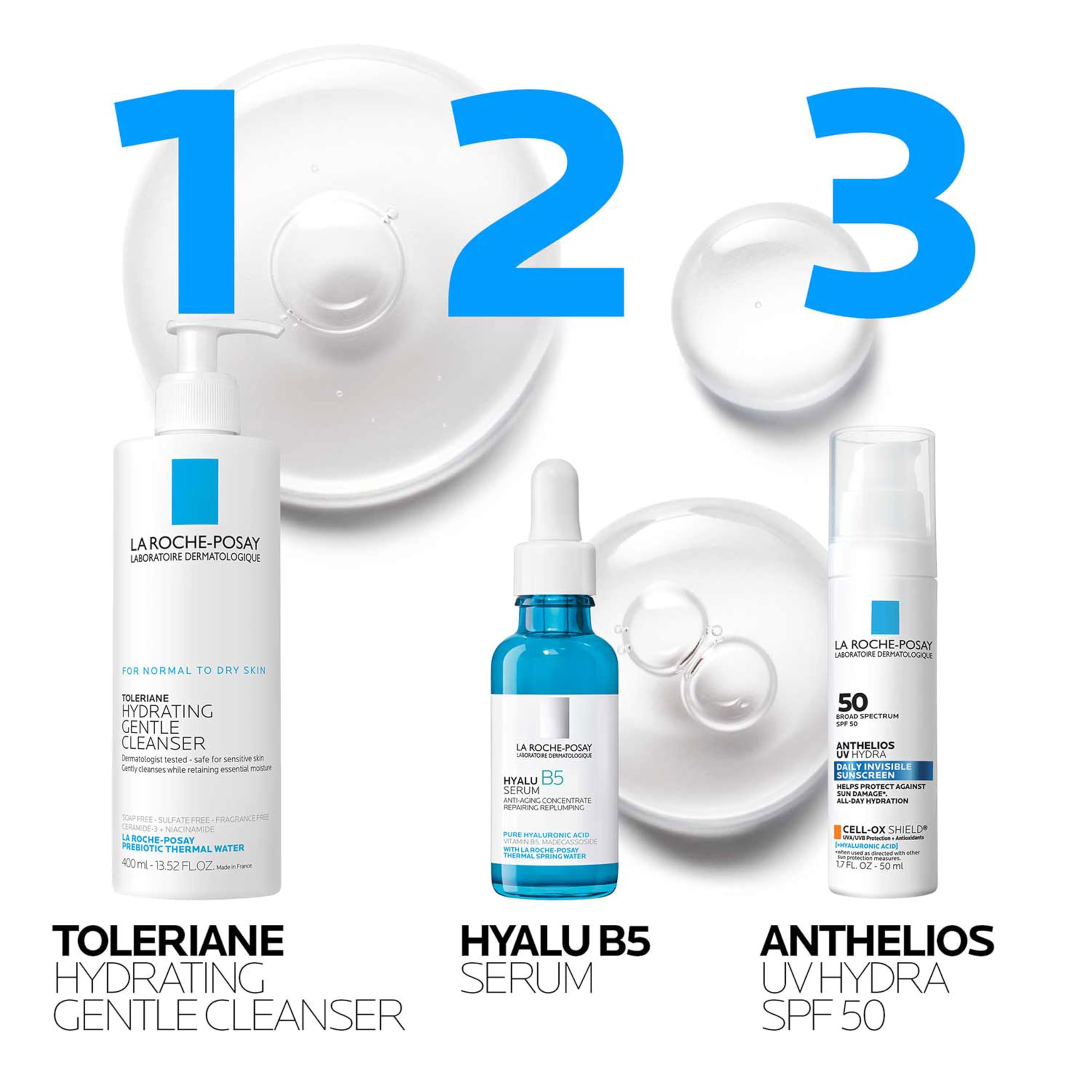 La Roche-Posay Hyalu B5 serum in a dropper bottle with hydrating cleansers for a glowing skin routine