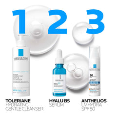 La Roche-Posay Hyalu B5 serum in a dropper bottle with hydrating cleansers for a glowing skin routine
