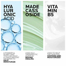 Hyaluronic acid serum label panels with water droplets and B5, madecassoside text
