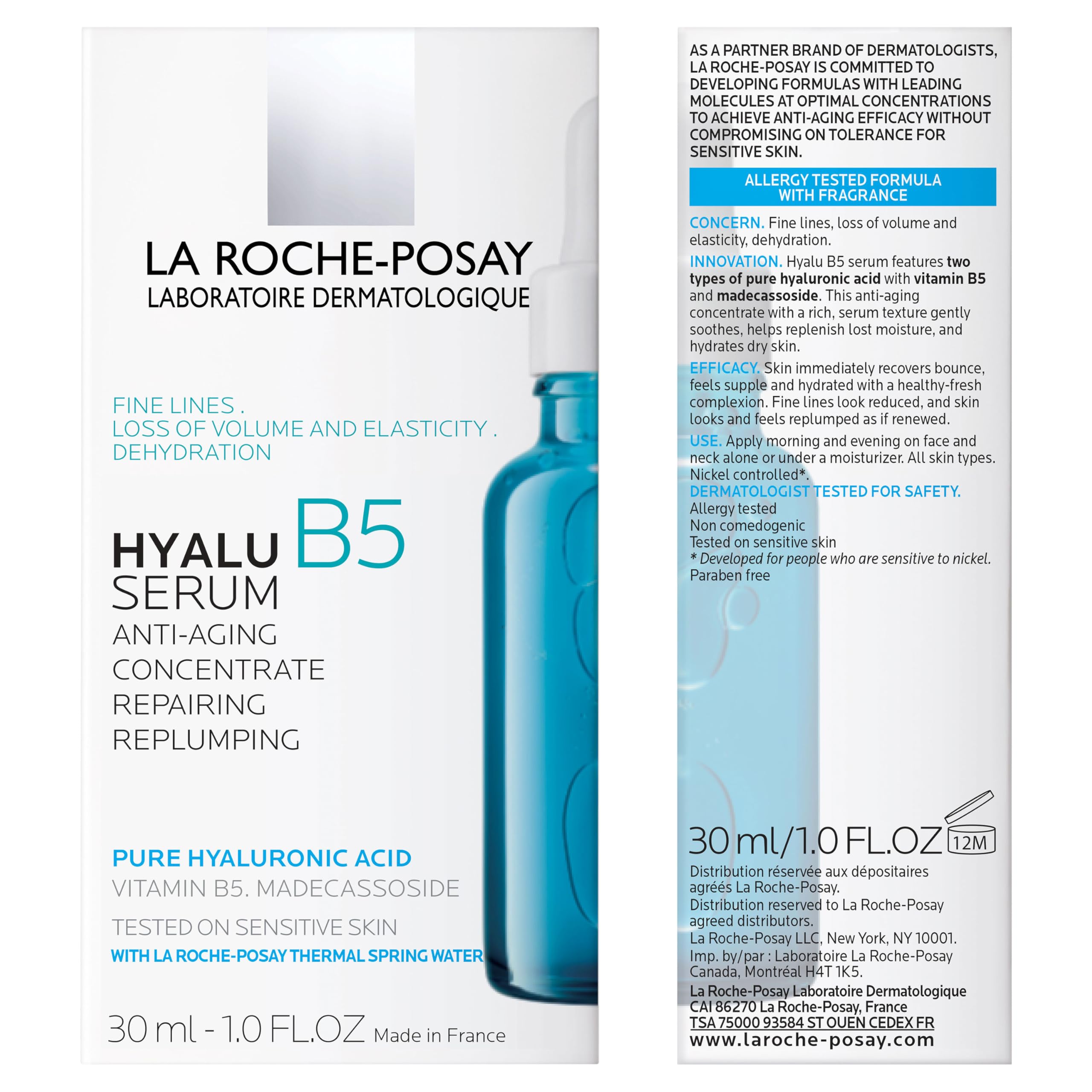 La Roche-Posay Hyalu B5 serum in a blue bottle, targeting fine lines and dehydration for youthful skin