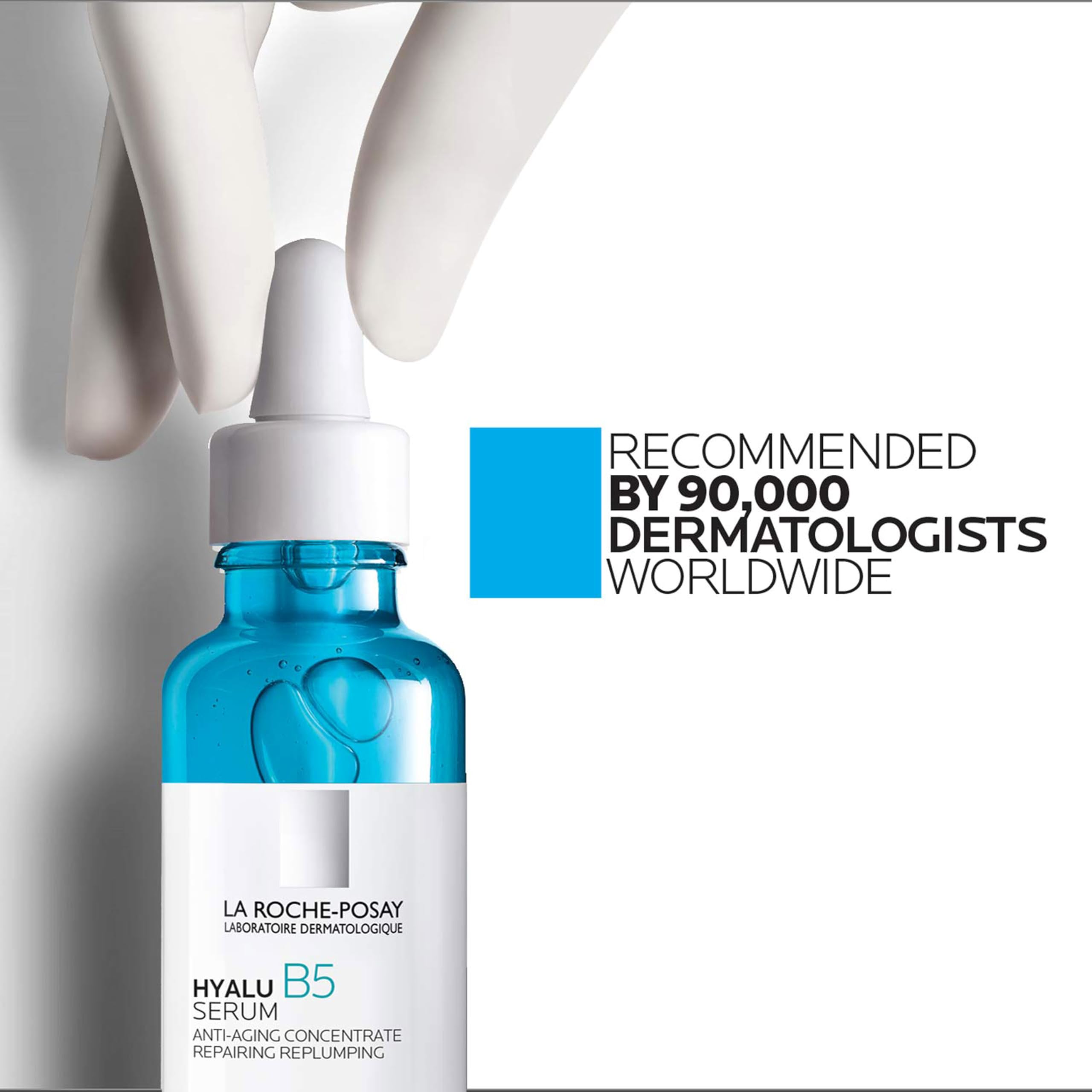 La Roche-Posay Hyalu B5 serum in a dropper bottle, recommended by 90,000 dermatologists worldwide