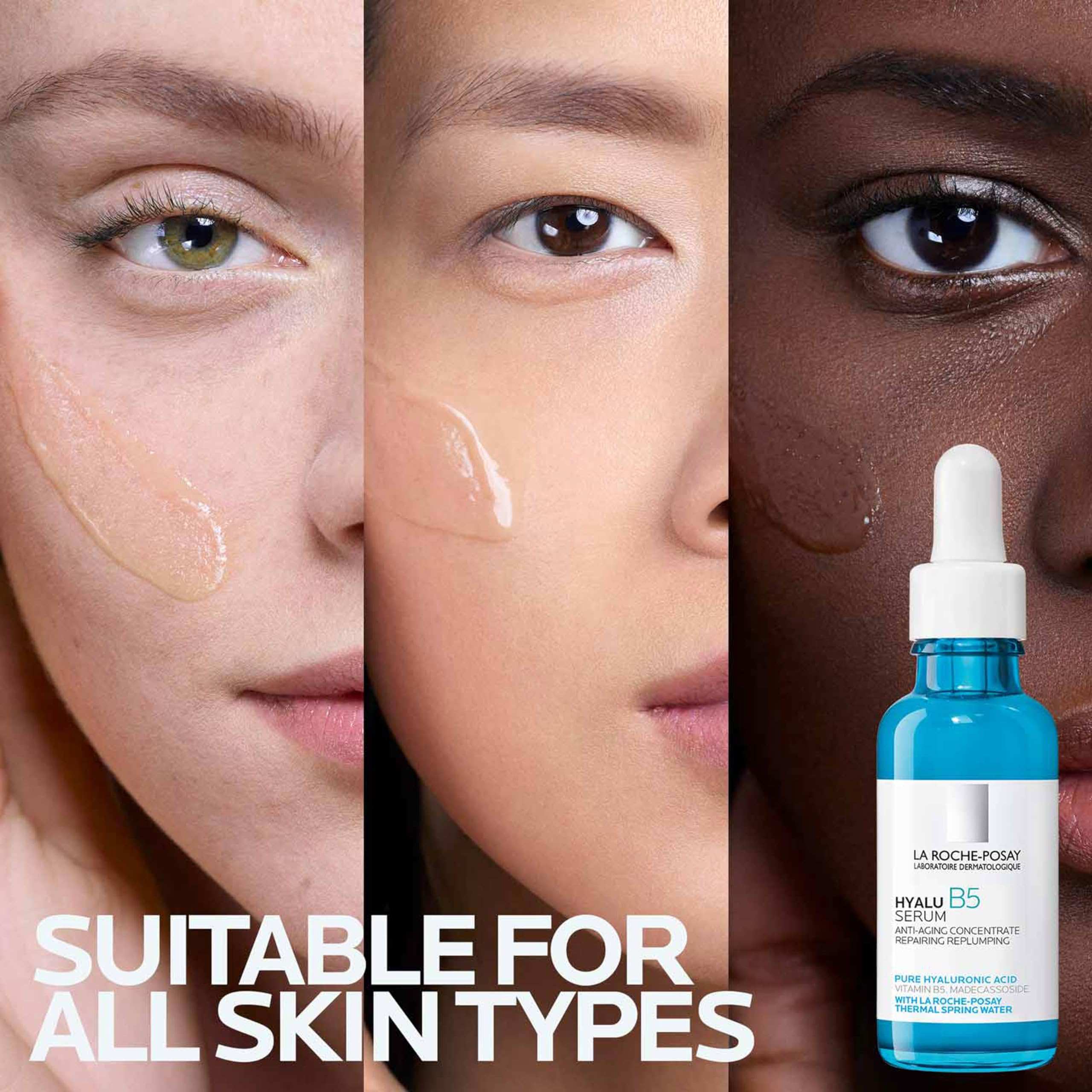 La Roche-Posay Hyalu B5 serum displayed with diverse skincare users, suitable for all skin types