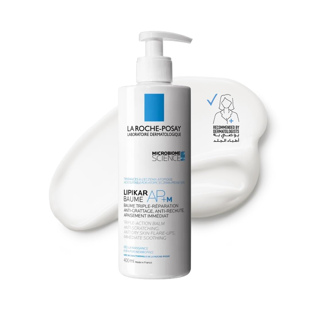 La Roche-Posay Lipikar Baume AP+M moisturizer in a pump bottle with creamy texture for dry skin relief