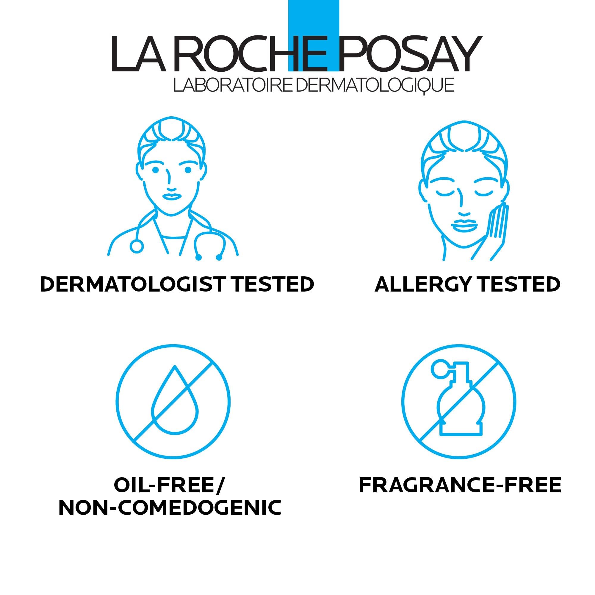 La Roche-Posay moisturizer for dry skin icons showcasing dermatologist tested, allergy tested, oil-free and fragrance-free features