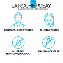 La Roche-Posay dermatological testing icons: oil-free, non-comedogenic, fragrance-free