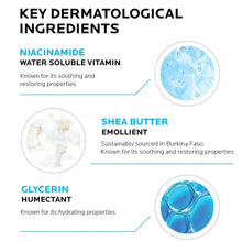 Key dermatological ingredients graphic with niacinamide, shea butter, and glycerin
