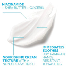 Cream texture spread with “Immediately soothes” and “Nourishing cream” labels
