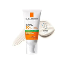 SPF 50+ oil control gel-cream sunscreen tube with protection icons, 50 ml