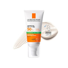 La Roche-Posay oil control sunscreen in a tube with a creamy texture shown alongside a swirl of sunscreen