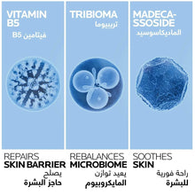 Ingredient benefit panel for scar care lotion, blue vitamin and molecule icons