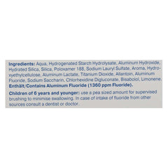 Lacalut Aktive toothpaste UAE ingredient list showing aluminum fluoride content 1360 ppm and child use warning