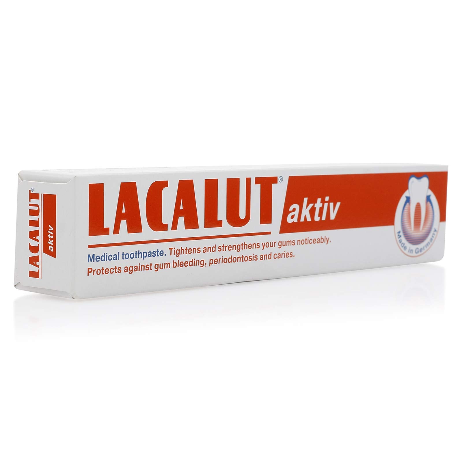 Lacalut Aktive toothpaste UAE box showing Lacalut aktiv medical toothpaste for gum protection and strengthening