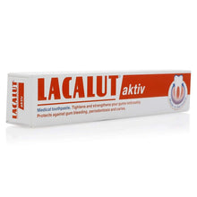 Lacalut aktiv toothpaste box with red lettering and white tube-shaped package