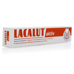 Lacalut Aktive toothpaste UAE box showing Lacalut aktiv medical toothpaste for gum protection and strengthening