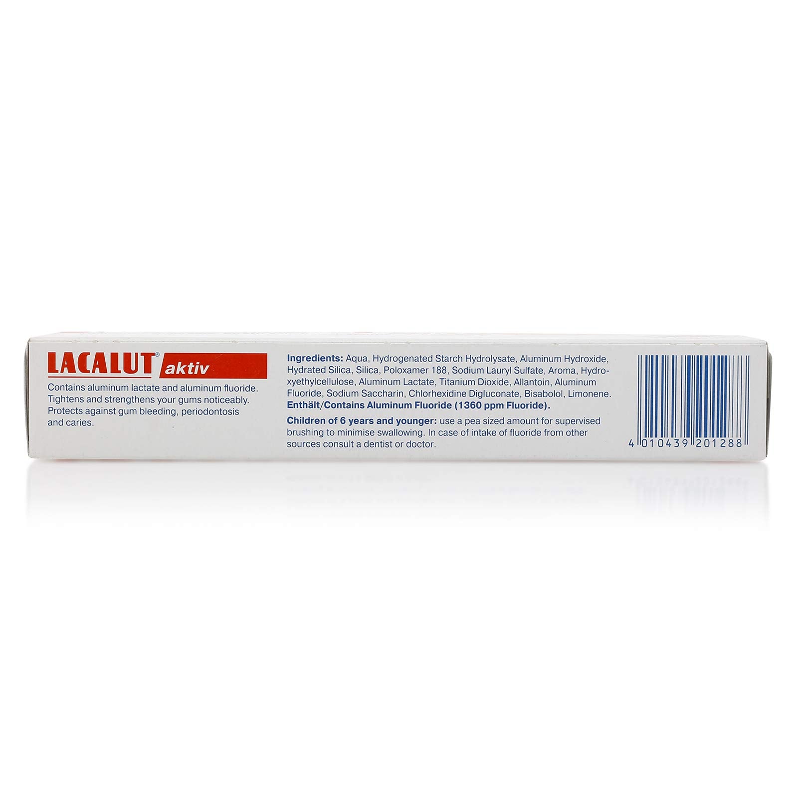 Lacalut Aktive toothpaste UAE box showing white packaging with red Lacalut logo ingredients list and barcode