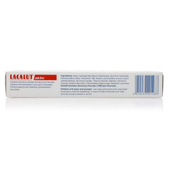 Lacalut Aktive toothpaste UAE box showing white packaging with red Lacalut logo ingredients list and barcode