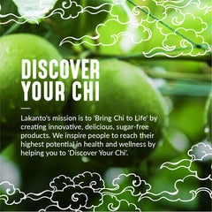 Lakanto sugar replacement promotional banner with green citrus background Discover Your Chi text and decorative cloud designs