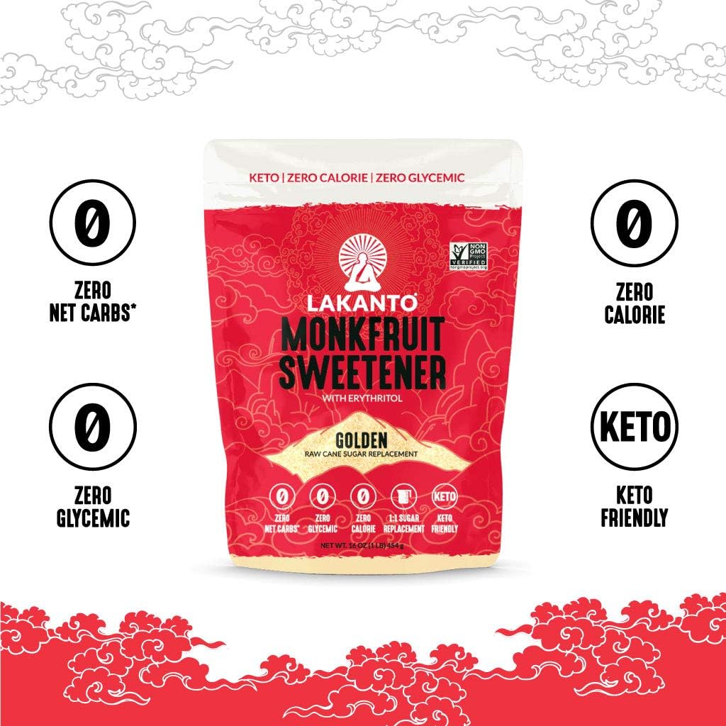 Lakanto sugar replacement Golden Monkfruit Sweetener pouch red and gold packaging with keto zero calorie labels