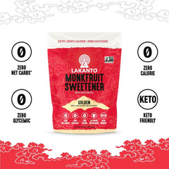 Lakanto sugar replacement Golden Monkfruit Sweetener pouch red and gold packaging with keto zero calorie labels